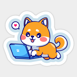 Cute Shiba Inu Dog Working On Laptop Cartoon Sticker